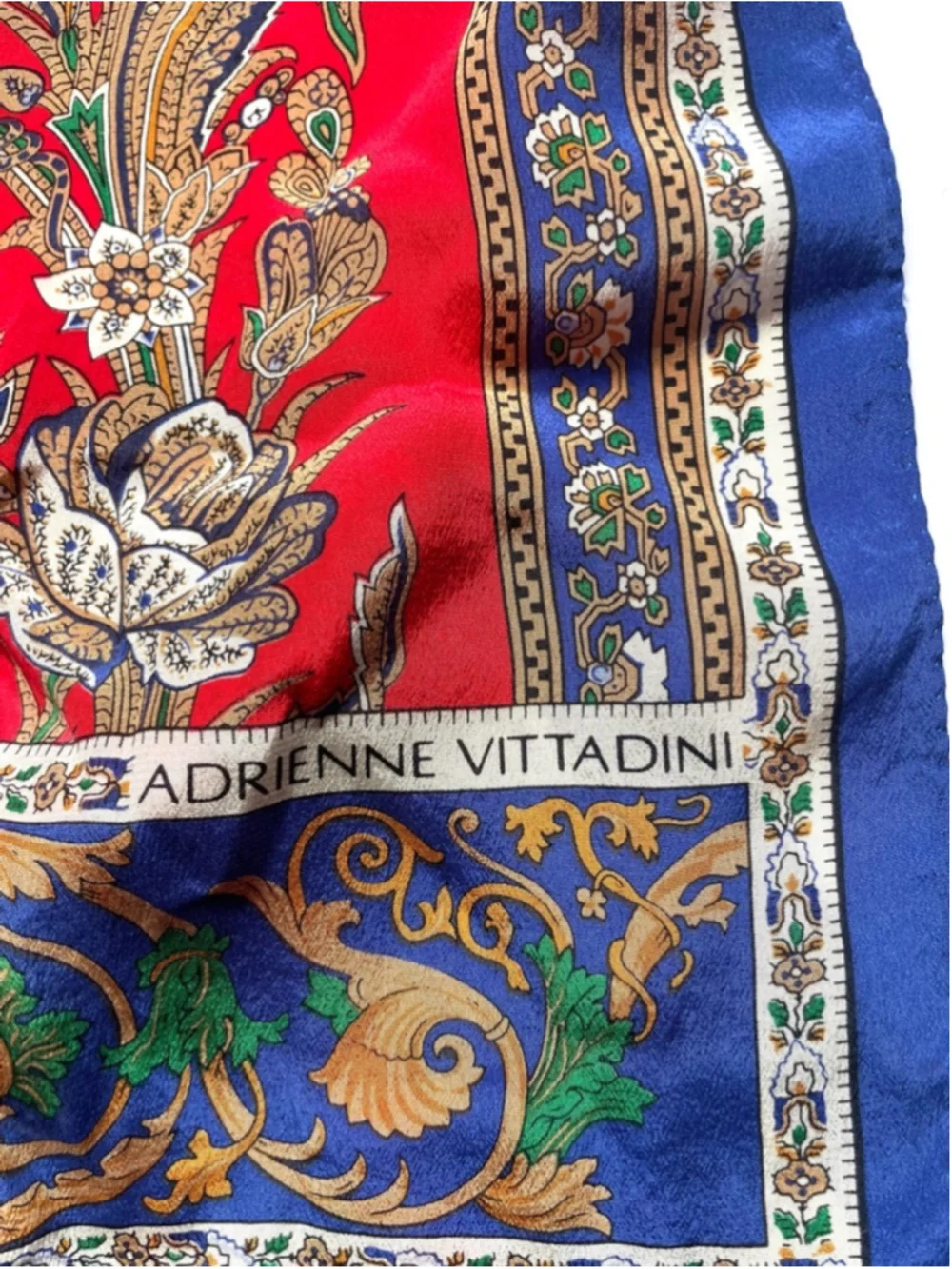 Adrienne Vittadini Silk Scarf Red Blue Baroque Floral Print Long
